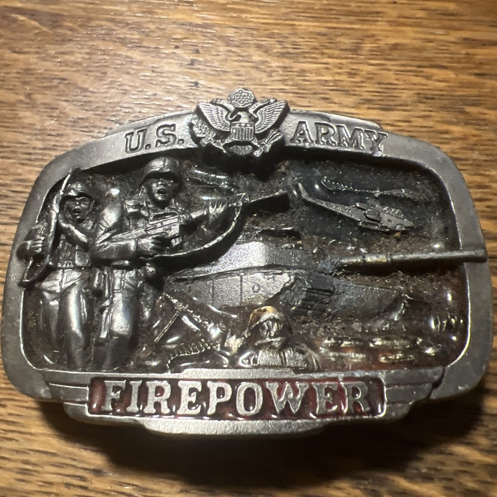 Vintage 1983 US Army Firepower Belt Buckle Great American Buckle Co 1071 Silver